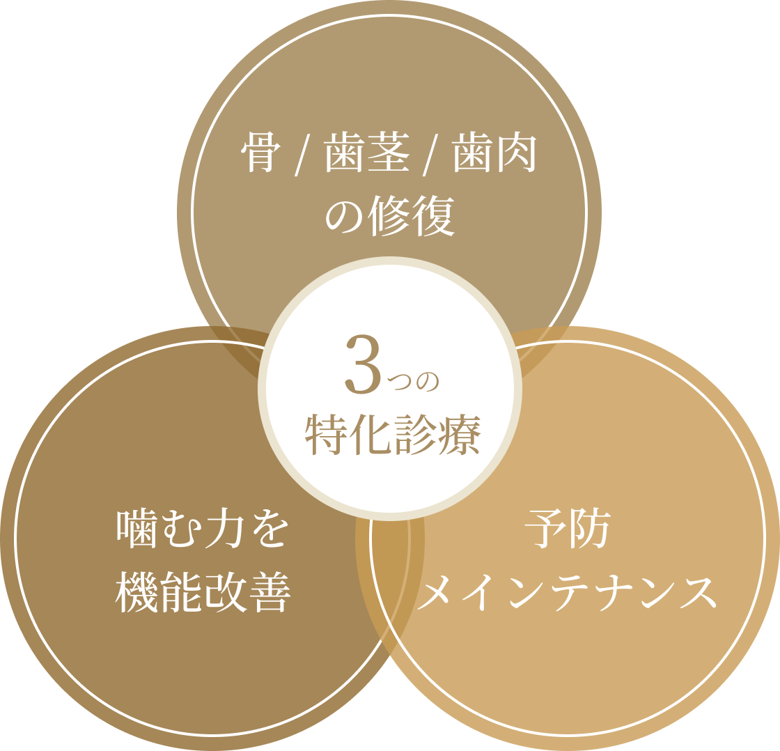 
            3つの特化診療
            骨 / 歯茎 / 歯肉の修復
            噛む力を機能改善
            予防メインテナンス
            